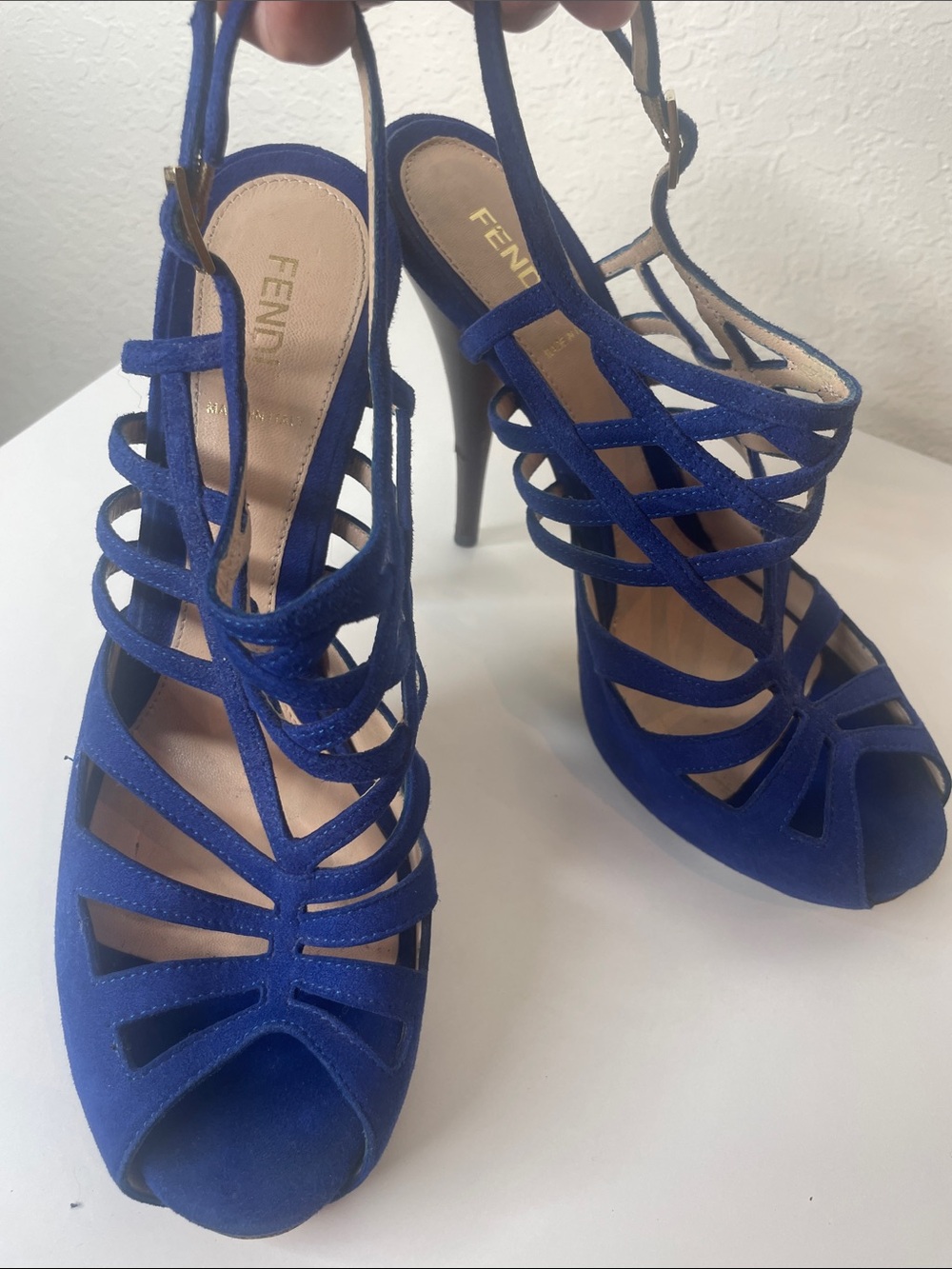 Authentic Fendi Cobalt Blue Strappy Suede High Heel Sandals size 39.5